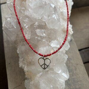 SILPADA Red Heishi Seed Bead Necklace Sterling Silver Heart Pendant 16"